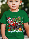 MILKYSHIP Kids Christmas Monster Truck Santa Print T-Shirt - Casual Crew Neck Polyester Tee with Applique, Slight Stretch, Summer Season Top for Boys, Regular Fit, Knit Fabric - Ages 12 & Under