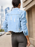 Womens Trendy Ripped Denim Jacket - Flattering Crop Top with Unique Bubble Sleeves and Chic Ripped Detail for a Fashionable Streetwear Look