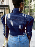 Womens Trendy Ripped Denim Jacket - Flattering Crop Top with Unique Bubble Sleeves and Chic Ripped Detail for a Fashionable Streetwear Look