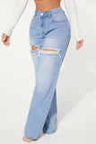 hulianfu - Baby Blue Casual Solid Ripped High Waist Straight Denim Jeans (Subject To The Actual Object)