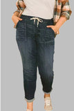 hulianfu - Baby Blue Casual Solid Make Old Patchwork Draw String Mid Waist Straight Denim Jeans