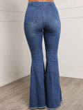 hulianfu - Blue Casual Buckle Beading Mid Waist Regular Denim Jeans