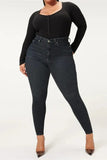 hulianfu - Black Casual Solid Patchwork High Waist Skinny Denim Jeans