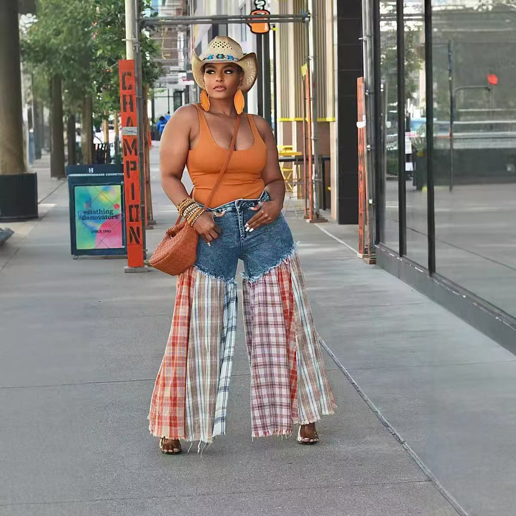 Plaid Patchwork On-trend Denim Maxi Dress HuLianFu Plaid Patchwork On-trend Denim Maxi Dress HuLianFu
