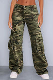 hulianfu - Army Green Casual Camouflage Print Patchwork Mid Waist Denim Jeans