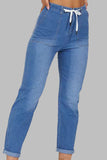 hulianfu - Baby Blue Casual Solid Make Old Patchwork Draw String Mid Waist Straight Denim Jeans