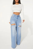 hulianfu - Baby Blue Casual Solid Ripped High Waist Straight Denim Jeans (Subject To The Actual Object)