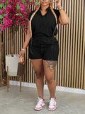 Two-Piece Vacation Outfit - Sleeveless V-Neck Top with Pocket & Drawstring Shorts - Polyester Knit Fabric, Machine Washable, Spring/Summer Essential