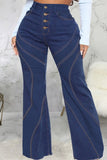 hulianfu - Dark Blue Casual Solid Patchwork Buttons High Waist Skinny Denim Jeans