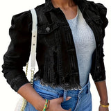 Womens Trendy Ripped Denim Jacket - Flattering Crop Top with Unique Bubble Sleeves and Chic Ripped Detail for a Fashionable Streetwear Look