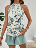 Two-Piece Tropical Floral Print Off the Shoulder Elegant Outfit - Belted Shorts & Halter Neck Top Set for Spring and Summer - Polyester Woven, No Elasticity, Random Printing, Womens Clothing