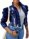 Womens Trendy Ripped Denim Jacket - Flattering Crop Top with Unique Bubble Sleeves and Chic Ripped Detail for a Fashionable Streetwear Look