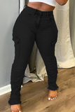 hulianfu - Black Casual Solid Patchwork Mid Waist Skinny Denim Jeans