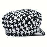 Womens Elegant Breton Cap - Breathable, Lightweight, Woven Polyester Construction - Classic Houndstooth Newsboy Style Military Hats for Everyday Wear