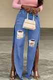 hulianfu - Blue Sexy Street Solid Ripped Patchwork Slit High Waist Denim Jeans