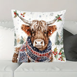 1pc Contemporary Highland Cow Throw Pillow Cover, 17.7"x17.7" Polyester Woven Decorative Cushion Case with Zipper for Sofa and Home Decor, Hand Wash Only, Holiday Animal & Tree Pattern
