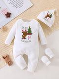TEEUIEAR 3-Piece Newborn Christmas Romper Set - 100% Cotton Cute Holiday Themed Long Sleeve Onesies with Santa Hat & Gloves for Baby Boys - Fall/Winter Knit Fabric, Regular Fit Jumpsuit with Solid Color, Alphabet & Animal Patterns, for Outdoor