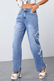 hulianfu - Blue Casual Solid Patchwork High Waist Straight Denim Jeans