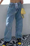hulianfu - Baby Blue Fashion Casual Print Patchwork High Waist Regular Denim Jeans