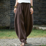 Women High Elastic Waist Lantern Pantalon Loose Baggy Pockets Cargo Pants Solid Cotton Linen Long Wide Leg Trousers