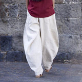 Women High Elastic Waist Lantern Pantalon Loose Baggy Pockets Cargo Pants Solid Cotton Linen Long Wide Leg Trousers