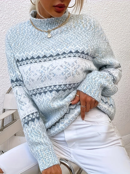 hulianfu Christmas Snowflake Print Half Turtleneck Sweater, Casual Fall Winter Knit Top, Women's Clothing
