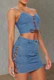 hulianfu Solid Color Smart Strappy Denim Skirt Suit