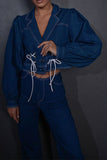 hulianfu Solid Color Denim Classic Strappy Micro Flared Pant Suit