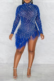 hulianfu Rhinestone & Beaded Decor Striking Tassel Irregular See-Through Mini Dress