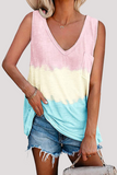 Casual Patchwork Tie Dye Pocket V Neck T-Shirts