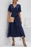 hulianfu Elegant Solid Patchwork With Belt V Neck Cake Skirt Dresses