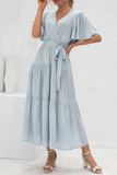 hulianfu Elegant Solid Patchwork With Belt V Neck Cake Skirt Dresses