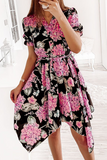 hulianfu Fashion Elegant Floral Frenulum V Neck Irregular Dresses(3 Colors)