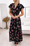 Fashion Elegant Floral Split Joint Flounce V Neck A Line Dresses