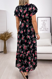 Fashion Elegant Floral Split Joint Flounce V Neck A Line Dresses