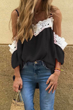 Fashion Elegant Patchwork Lace Contrast V Neck T-Shirts