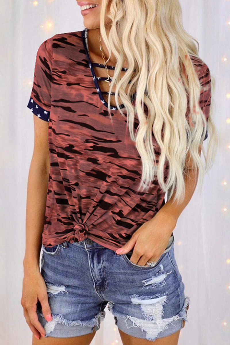 Casual Street Camouflage Print Hollowed Out Split Joint V Neck T-Shirts