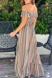 Bohemian Striped Patchwork Flounce Off the Shoulder A Line Dresses