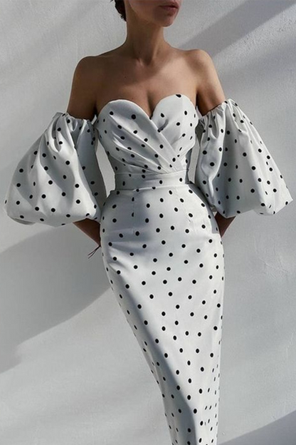 hulianfu Fashion Elegant Polka Dot Slit Fold Strapless Pencil Skirt Dresses