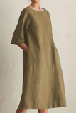 hulianfu - Casual Solid Patchwork Pocket O Neck A Line Dresses(6 Colors)