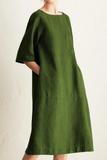 hulianfu - Casual Solid Patchwork Pocket O Neck A Line Dresses(6 Colors)