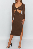 hulianfu Elegant Solid Hollowed Out Backless Slit V Neck Pencil Skirt Dresses