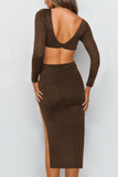 hulianfu Elegant Solid Hollowed Out Backless Slit V Neck Pencil Skirt Dresses