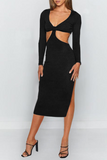 hulianfu Elegant Solid Hollowed Out Backless Slit V Neck Pencil Skirt Dresses