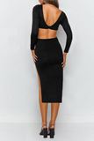 hulianfu Elegant Solid Hollowed Out Backless Slit V Neck Pencil Skirt Dresses