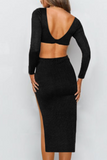 hulianfu Elegant Solid Hollowed Out Backless Slit V Neck Pencil Skirt Dresses