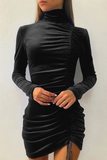 hulianfu Fashion Elegant Solid Split Joint Fold Half A Turtleneck Pencil Skirt Dresses