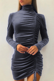 hulianfu Fashion Elegant Solid Split Joint Fold Half A Turtleneck Pencil Skirt Dresses
