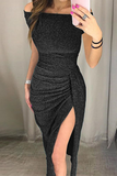 hulianfu Fashion Elegant Solid Slit Sequined Off the Shoulder Wrapped Skirt Dresses(3 Colors)