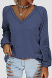 Casual Solid Lace Patchwork V Neck T-Shirts